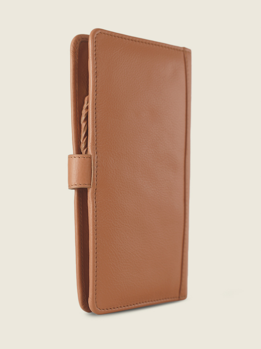 Foto-Seitenansicht-Brieftasche-braunes Leder-Charlotte-N2-Art-Deco-Caramel-Paul-Marius-M67-AD-CA