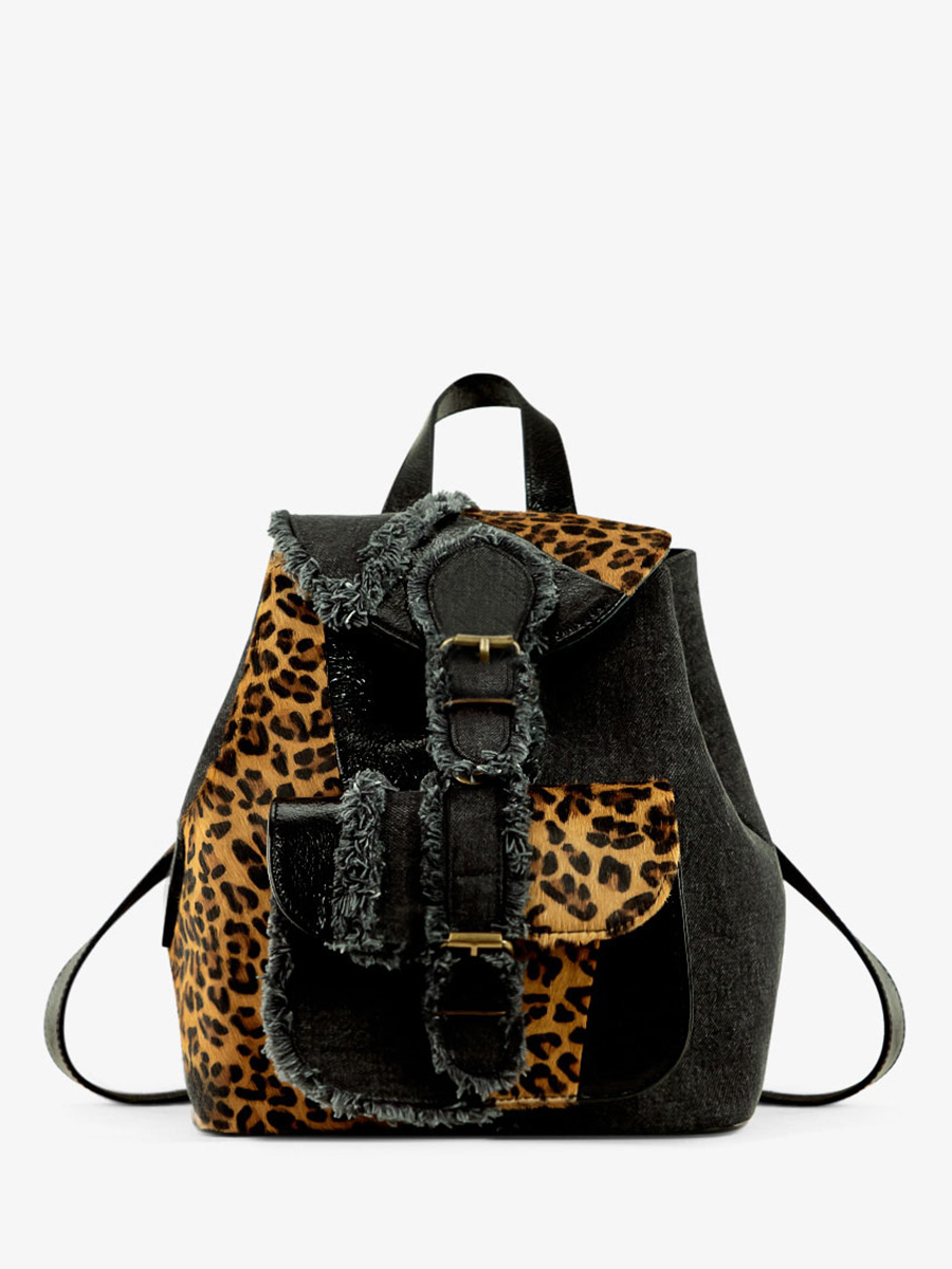 Foto-Ansicht-Vorderseite-Rucksack-Leder-Leopard-schwarz-LeBaroudeur-Chimere-Denim-schwarz-Paul-Marius-M40-CH-B-Denim