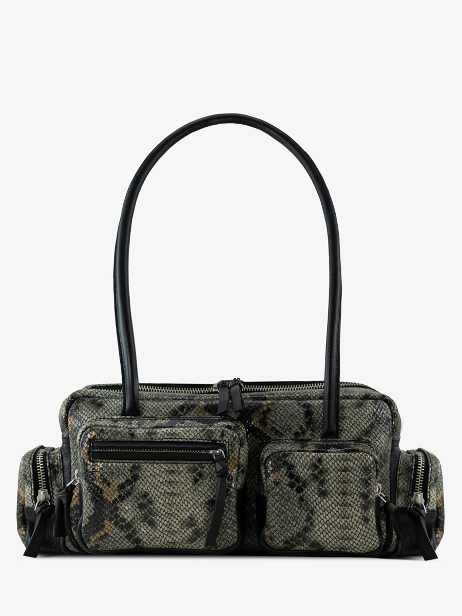 tasche mit mehreren fächern aus pythonleder grau-schwarz lebasset 90er python vue-front w56-p-gre-b
