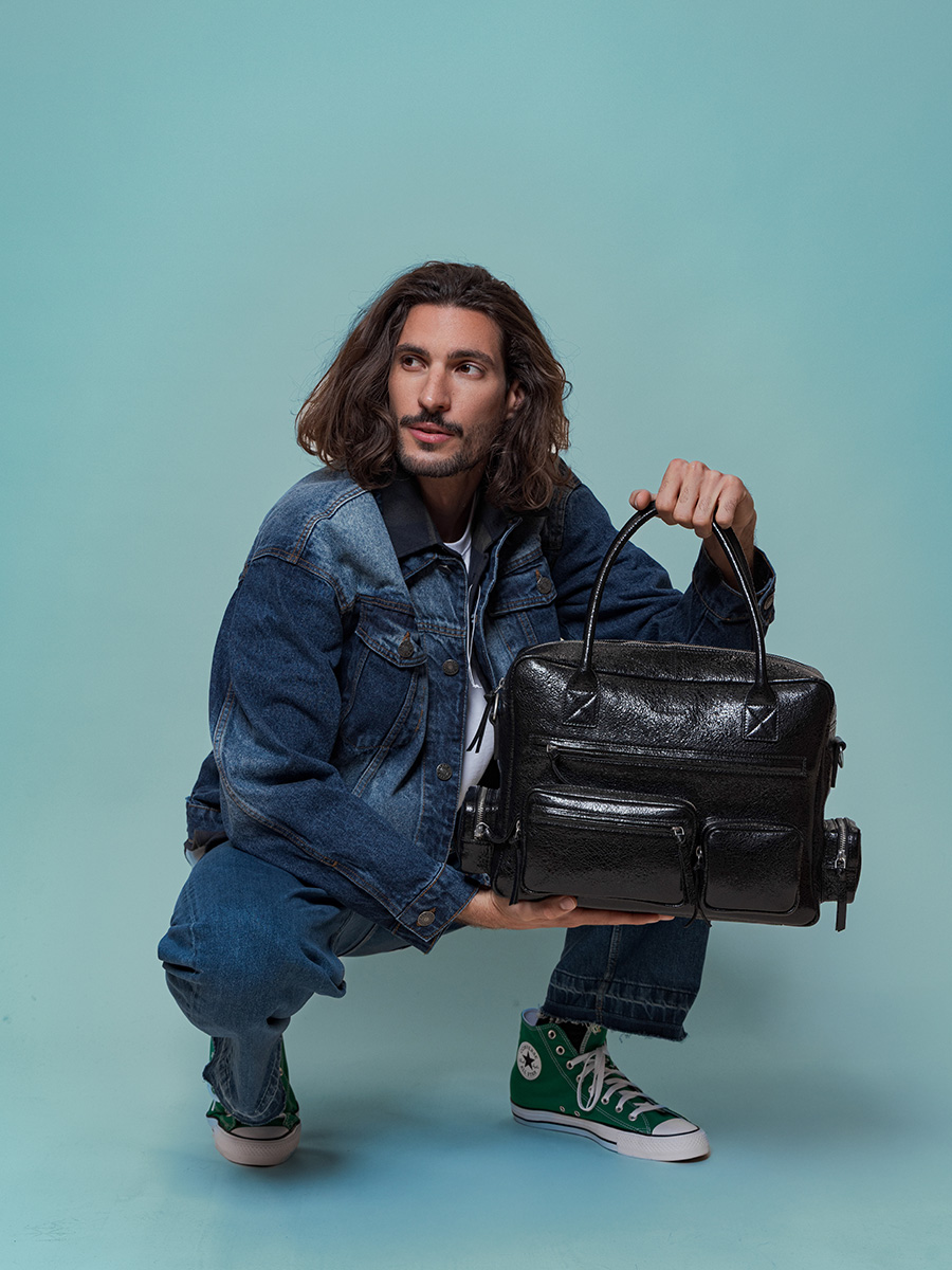 Dokumententasche mit mehreren Fächern, schwarz glitzernd, LeDandy 90s Eclipse, Ansicht Zoom, Material w204-m-b