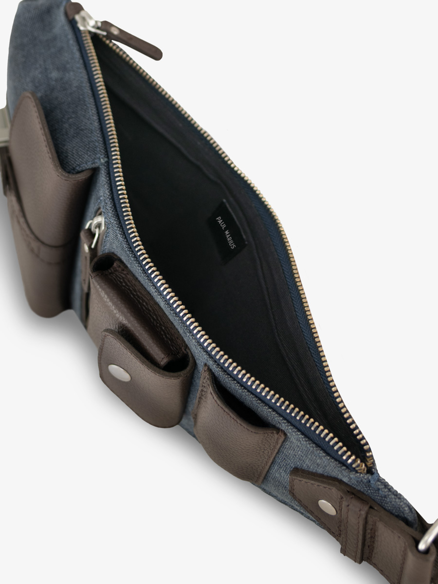 Umhängetasche aus braunem Leder, blau, LeHolster, Kakao, blaues Gewebe, Innenansicht, W62-ODBR-BLUC