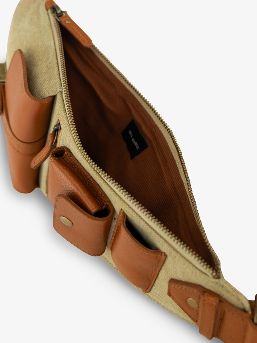 Umhängetasche aus braunem und grünem Leder, LeHolster Cognac, khakifarbenes Gewebe, Innenansicht, W62-OCO-GC