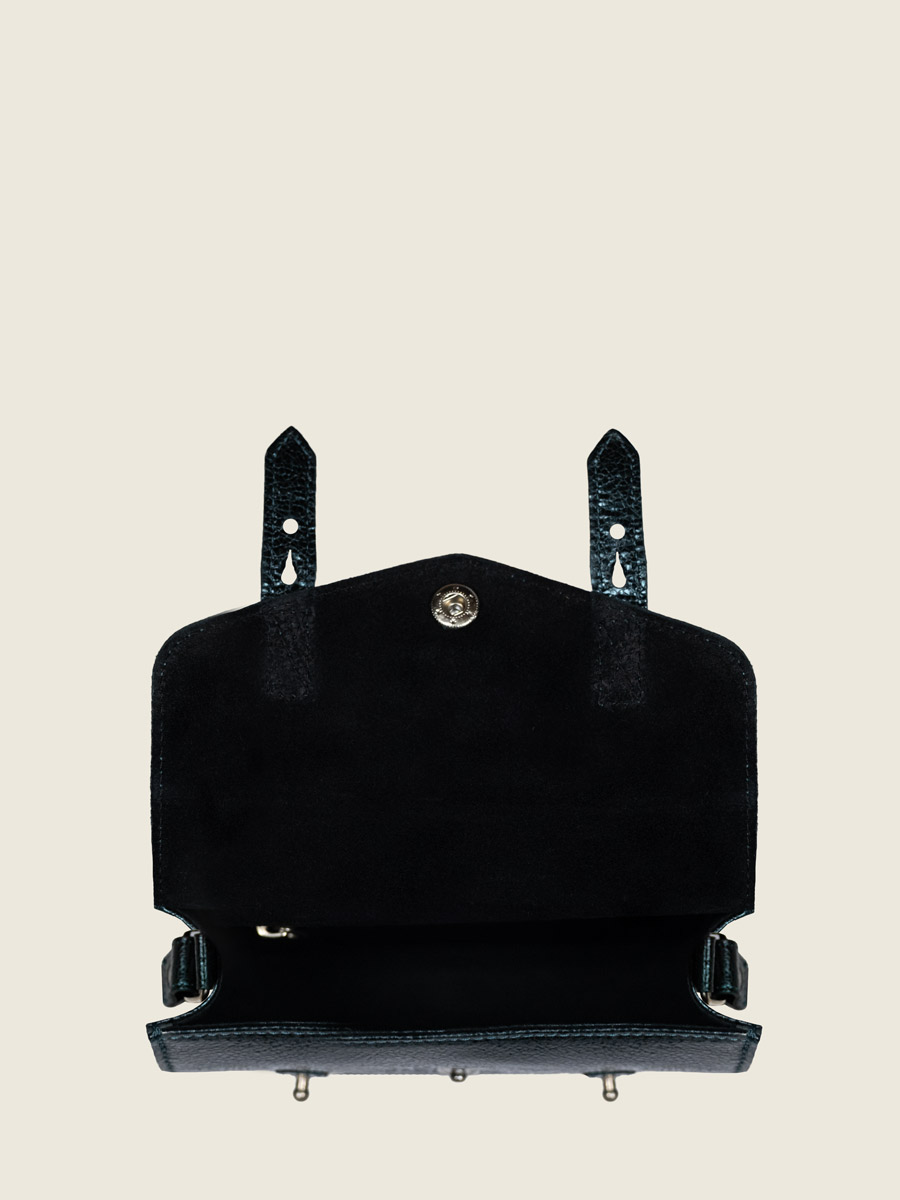 Umhängetasche aus glitzerndem grünem Leder, LeMini Indispensable, Mitternacht, Innenansicht, W08S-M-GR