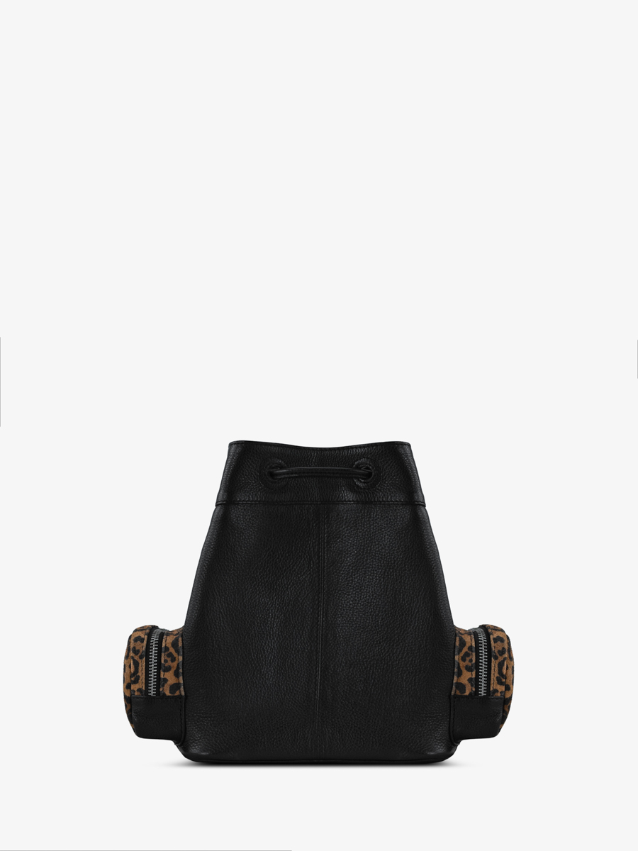 Beuteltasche aus Leder mit Leopardenmuster, schwarz, LeSeau, 90er Jahre, Leopardenmuster, Ansicht von hinten, W57 LP B
