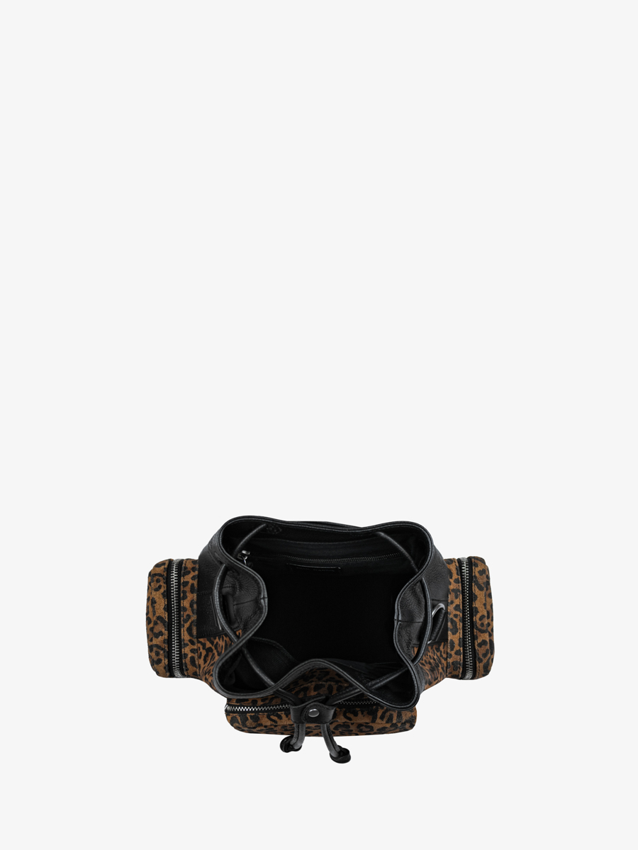 Beuteltasche aus Leder mit Leopardenmuster, schwarz, LeSeau, 90er Jahre, Leopardenmuster, Innenansicht, W57 LP B
