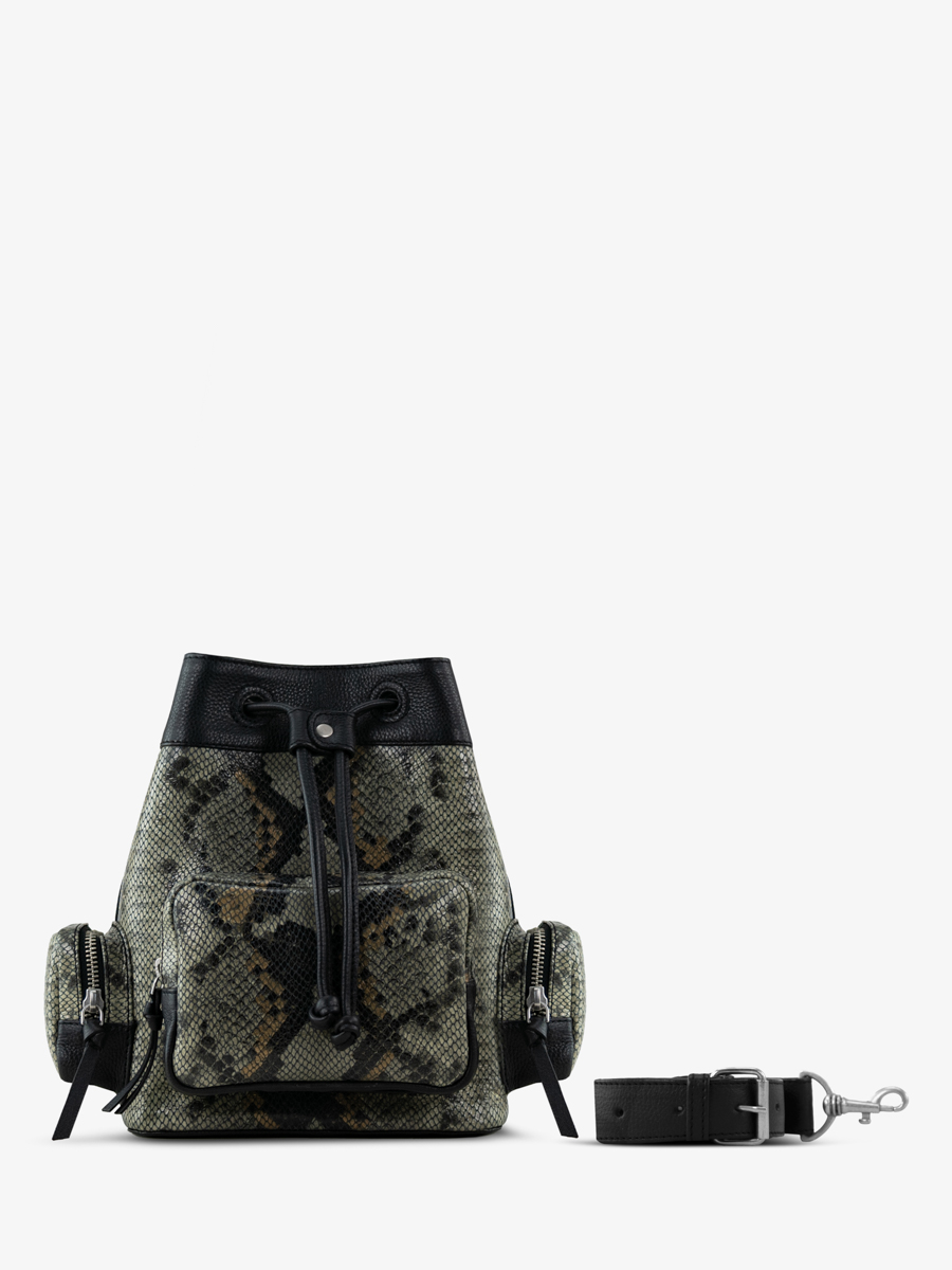 Beuteltasche aus Pythonleder, grau-schwarz, LeSeau, 90er Jahre, Python, Vorderseite, W57 P GRE-B