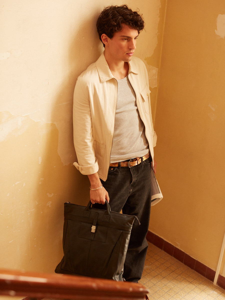 Aktentasche-Handtasche-Rucksack-Flieger-schwarz-Öl-Ansicht-Zoom-Material-b07-obl