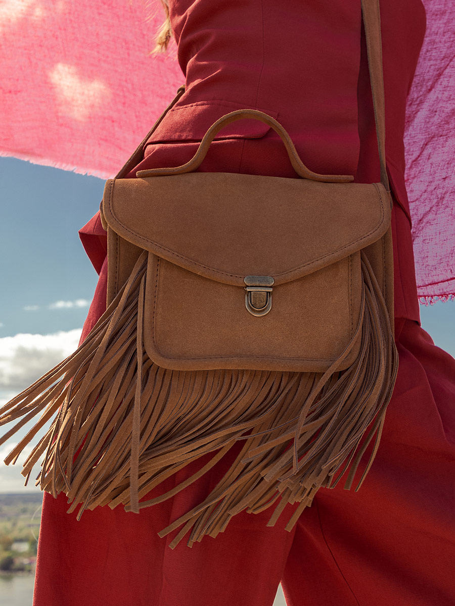 Handtasche mit Fransen, braun, Mademoiselle George, Folk, Havanna, Seitenansicht, W05-FOL-SU-L