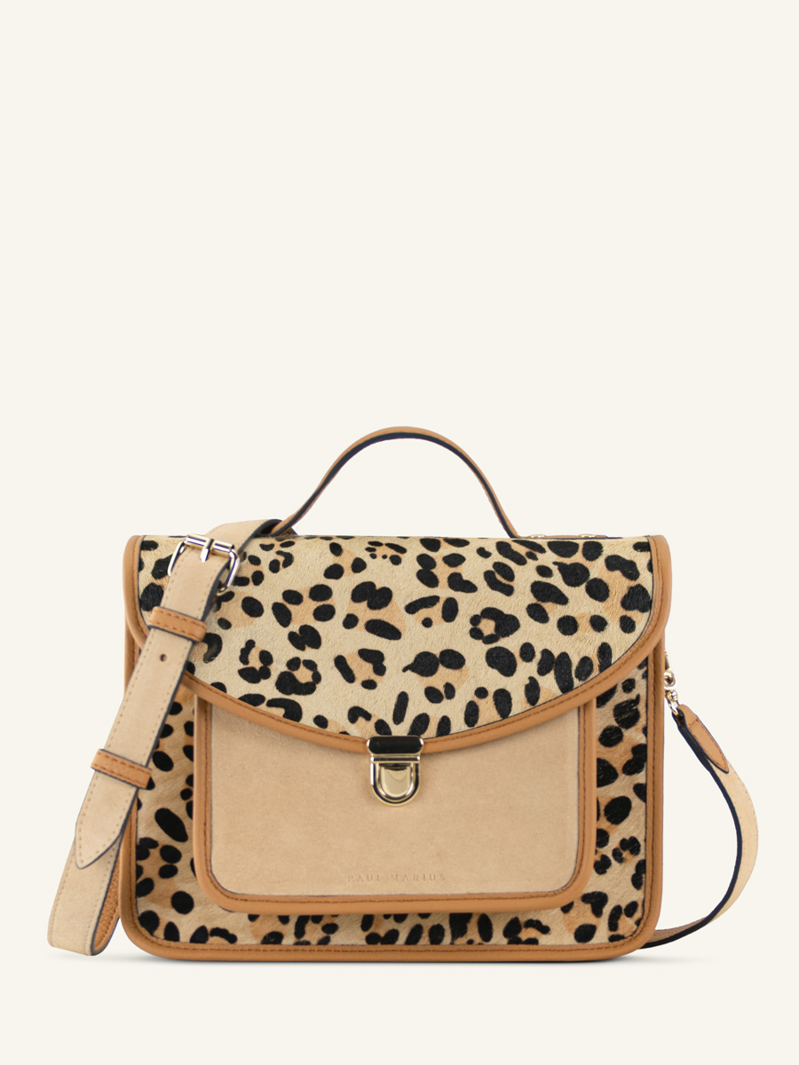 Umhängetasche aus Leder Mademoiselle George Leopard Beige Ansicht von vorne w05-lp-bei