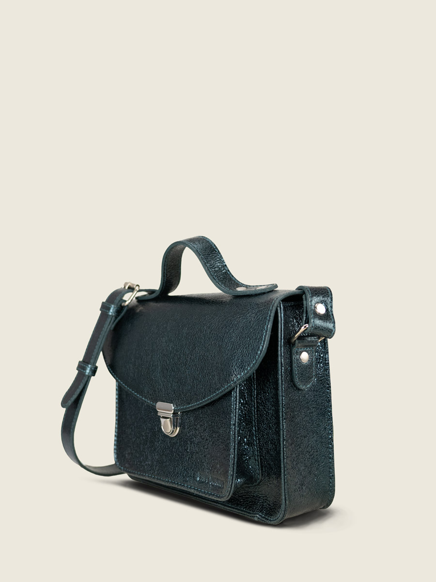 Umhängetasche aus glitzerndem grünem Leder von Mademoiselle George Minuit, Seitenansicht w05-m-gr