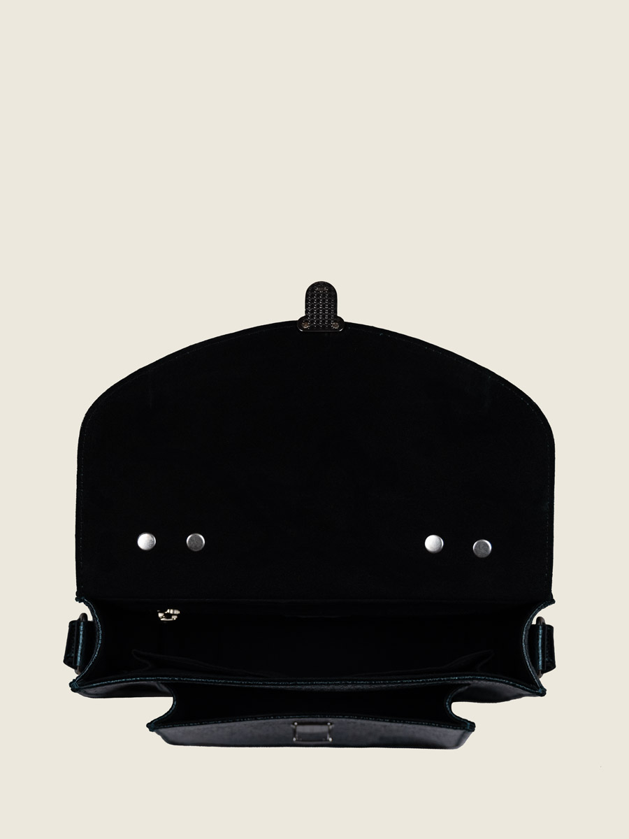 Umhängetasche aus glitzerndem grünem Leder von Mademoiselle George Minuit, Innenansicht, W05-M-Gr