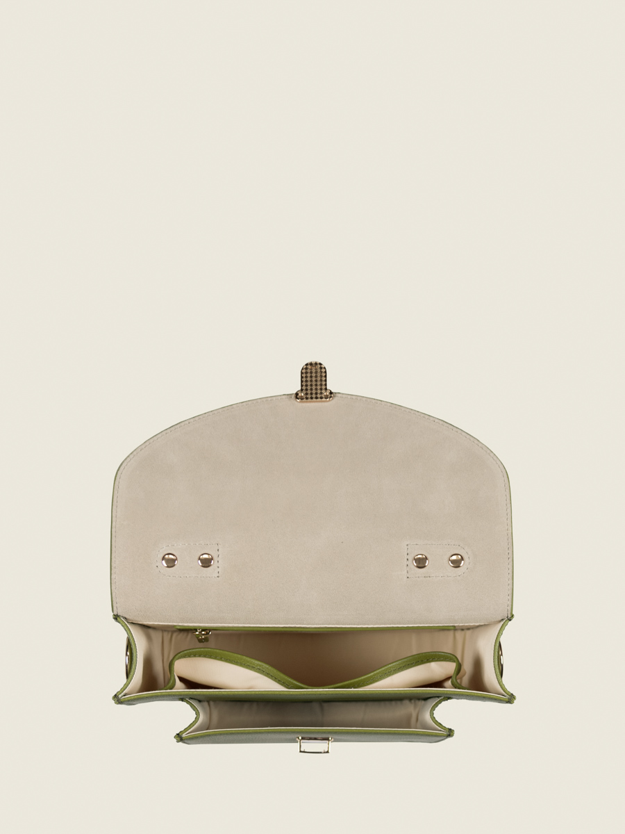 Umhängetasche aus Leder Mademoiselle George N2 olivgrün Innenansicht W105 GR-O