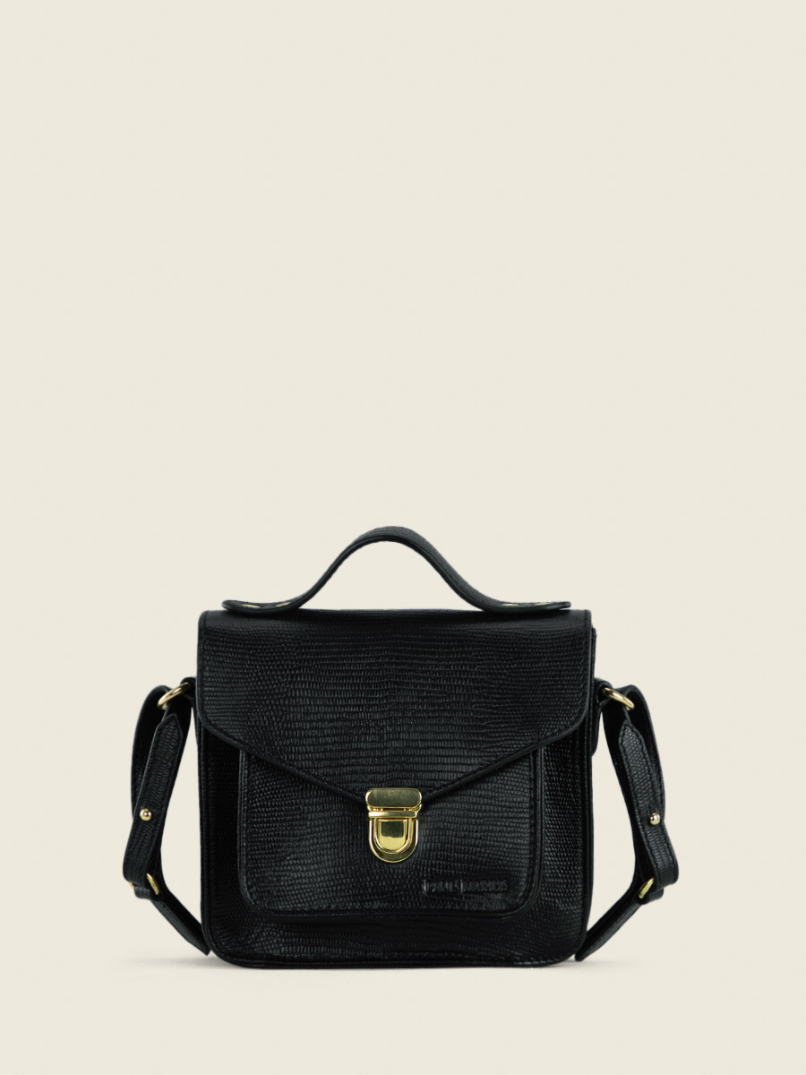 Foto-Ansicht-Vorderseite-Handtasche-aus-tiefschwarzem-Leder-Mademoiselle-George-XS-1960-Paul-Marius-W05XS-L-B