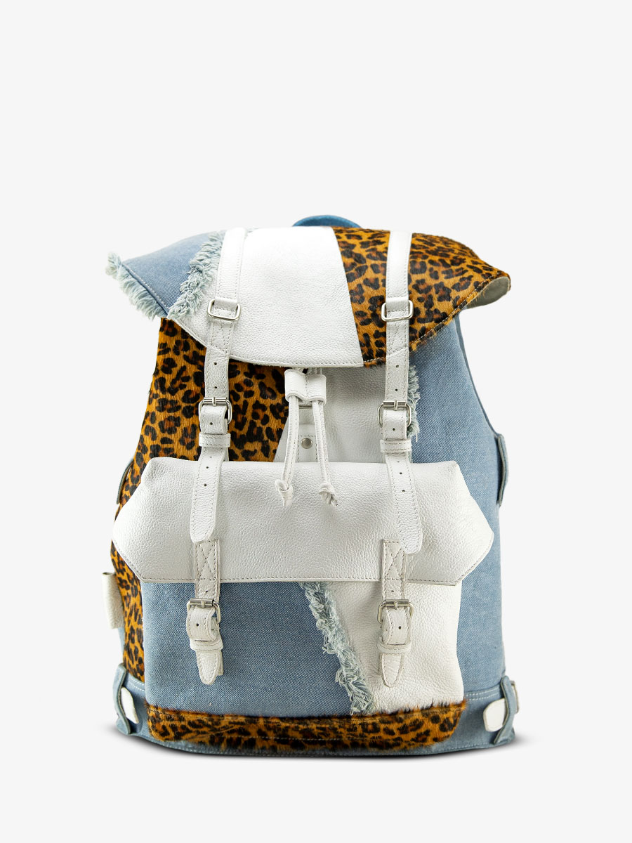 Foto-Vorderansicht-Rucksack-Leder-Leopard-weiß-Monlegionnaire-Chimère-Denim-weiß-Paul-Marius-BBP-CH-W-DENIM