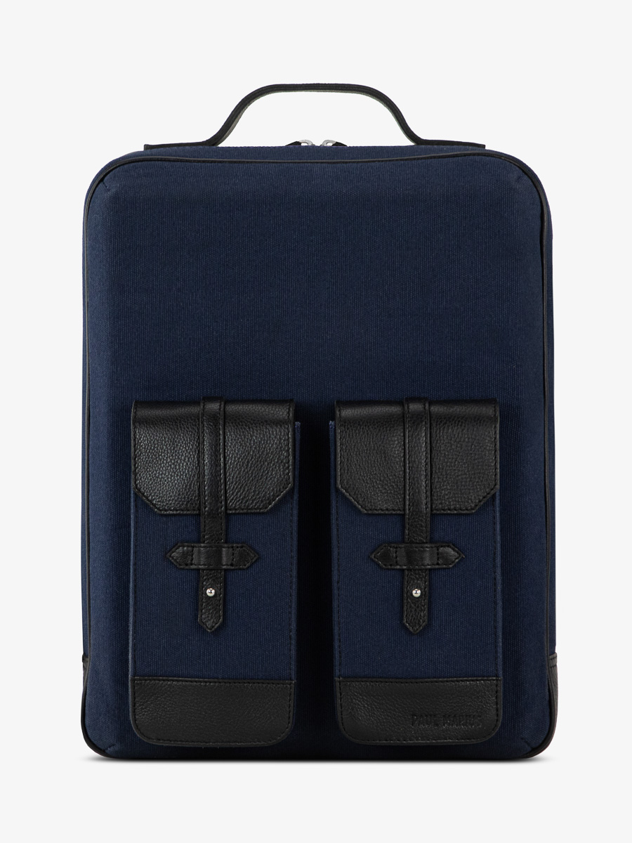 Foto-Vorderansicht-Rucksack-Leder-Unisex-blau-schwarz-Urbain-schwarz-Segeltuch-marineblau-Paul-Marius-B08-OBL-BLUC