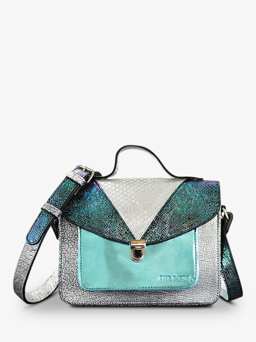 Foto-Vorderansicht-Umhängetasche-Leder-Damen-blau-weiß-Mademoiselle-George-Chimère-Polaire-Paul-Marius-W05-CH-S-BLU