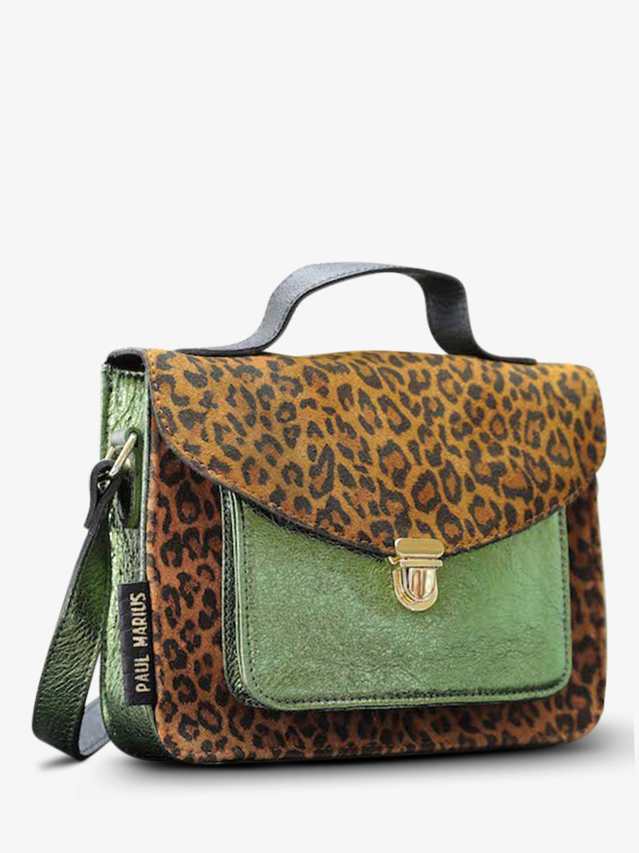 Foto-Seitenansicht-Umhängetasche-Leder-Damen-braun-grün-Mademoiselle-George-Leopard-natur-khaki-metallic-Paul-Marius-W05-LP-L-MCGR