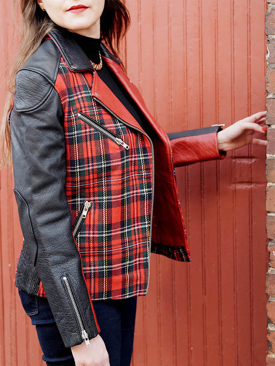 Foto-Tragebild-Perfecto-Lederjacke-Damen-rot-Le Perfecto-Tartan-rot-Paul Marius-WPJ-SCO-R-S36