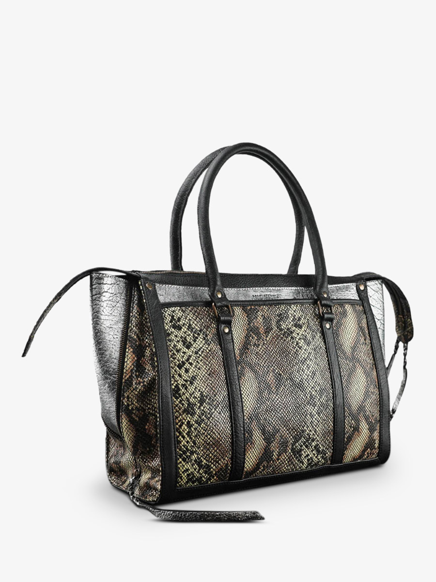 Foto-Seitenansicht-Handtasche-Leder-Damen-silber-schwarz-LeRive-Droite-M-Python-silber-schwarz-Paula-Marius-W19M-P-S-B