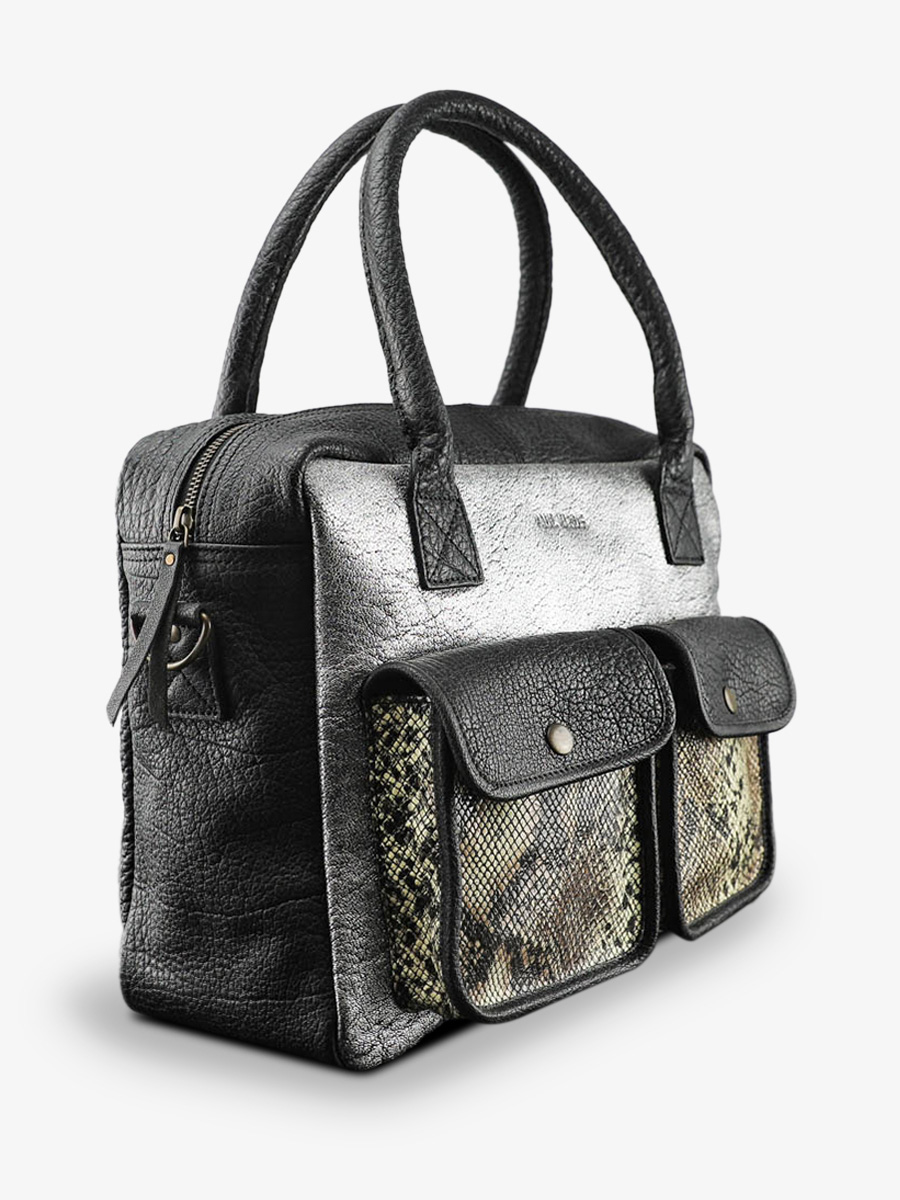 Foto-Seitenansicht-Dokumententasche-Leder-Damen-silber-schwarz-LeDandy-Python-silber-schwarz-Paul-Marius-W04-P-S-B