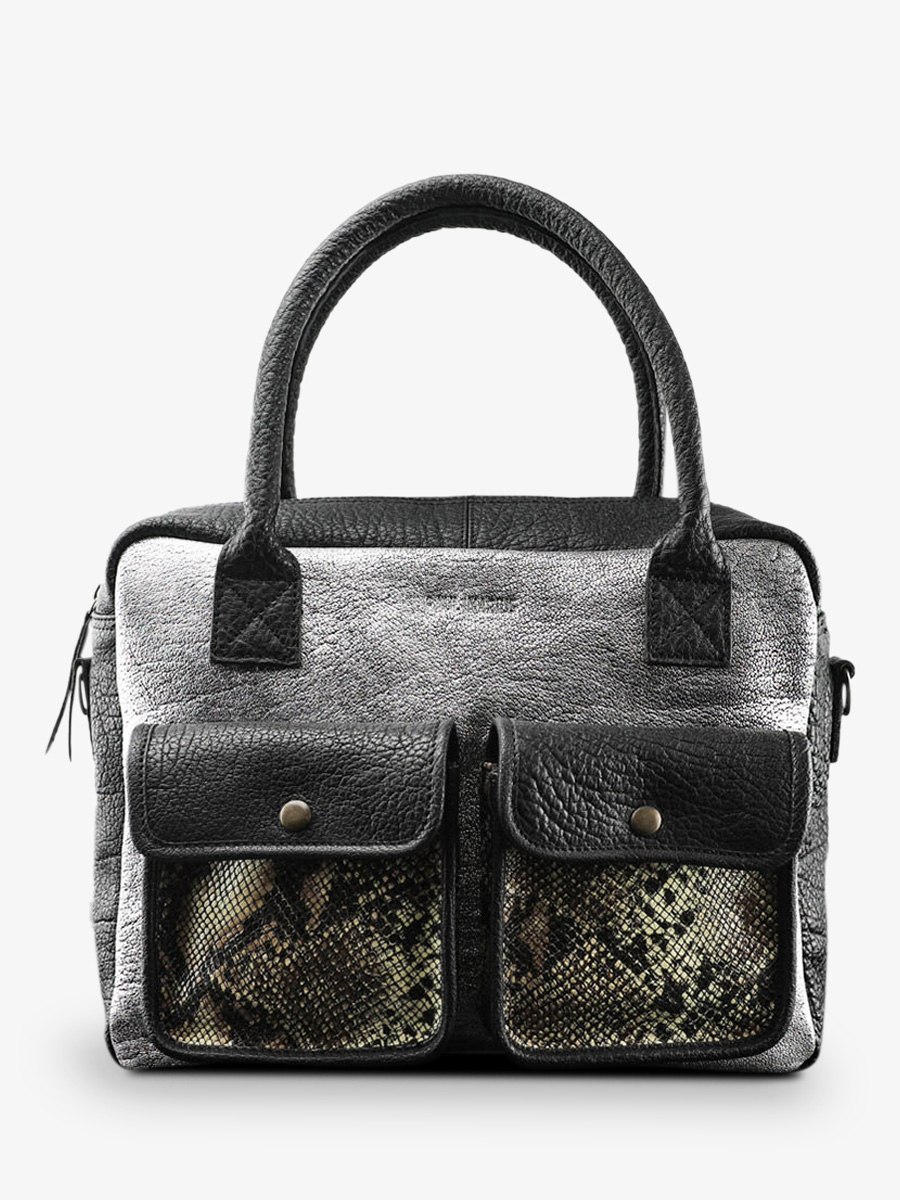 Foto-Vorderansicht-Dokumententasche-Leder-Damen-silber-schwarz-ledandy-python-silber-schwarz-paul-marius-w04-p-s-b