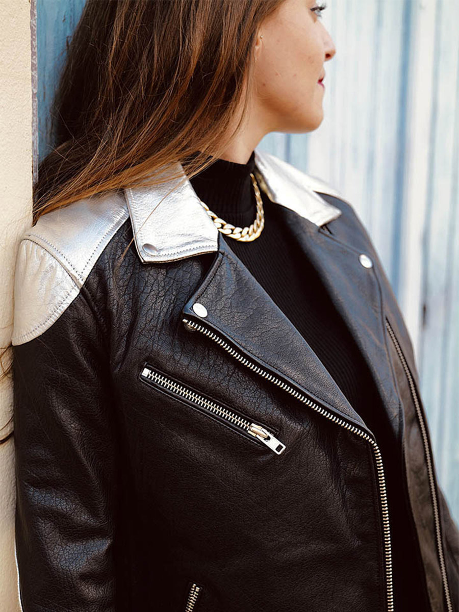 Foto-Vorderansicht-Perfecto-Leder-Damen-silber-schwarz-Le Perfecto-silber-schwarz-Paul Marius-wpj-s-b-s36