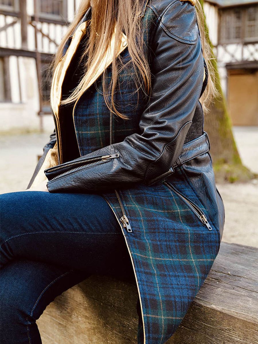 Foto-Vorderansicht-Leder-Trenchcoat-für-Damen-grün-Letrench-Tartan-grün-Paul-Marius-WTC-SCO-GR-S36