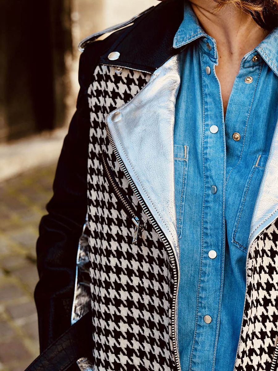 Foto – Material – Leder-Trenchcoat für Damen, schwarz-weiß, Letrench, Pied de Poule, Paul Marius, WTC, HS, B-S36