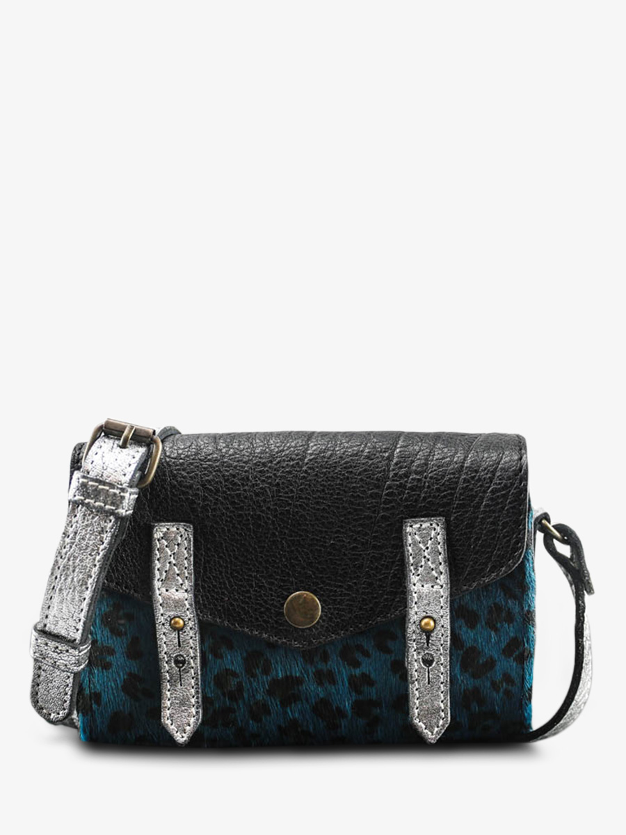 Foto-Vorderansicht-Umhängetasche-Leder-Damen-blau-silber-Le-Mini-Indispensable-Leopard-blau-pool-silber-Paul-Marius-W08S-LP-BLU-B