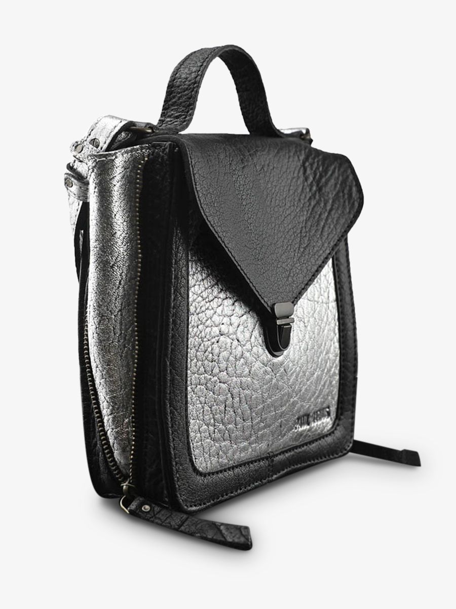 Foto-Rückansicht-kleine Umhängetasche aus Leder für Damen, silber-schwarz, Mistinguette, silber-schwarz, Paul Marius, W20 S-B