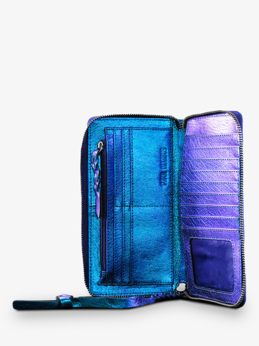 Foto-Seitenansicht-Lederbrieftasche-für-Damen-blau-LePortefeuille Charlotte Scarabee Paul Marius M63 P-BLU