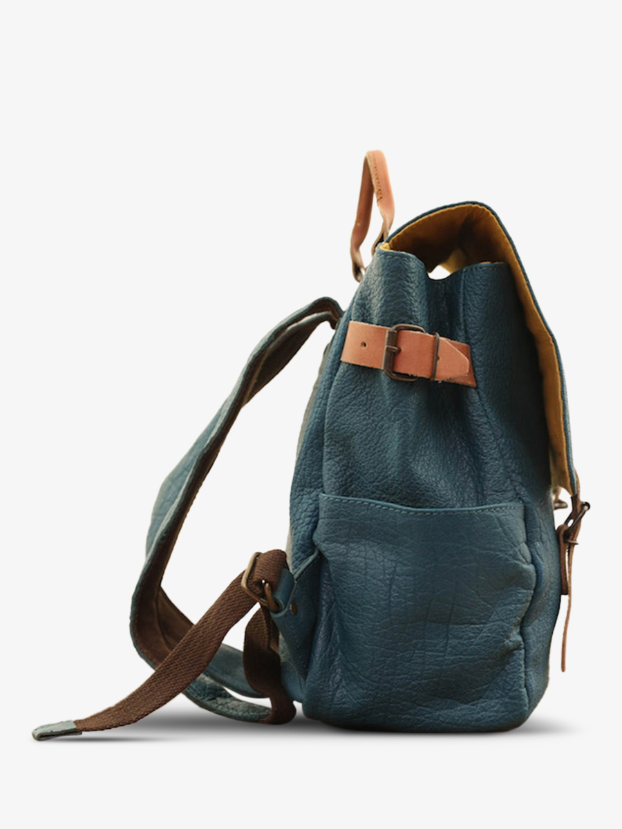Foto-Seitenansicht-Rucksack-aus-blauem-Leder-Laudacieux-blau-Piscine-Paul-Marius-W14-Blu