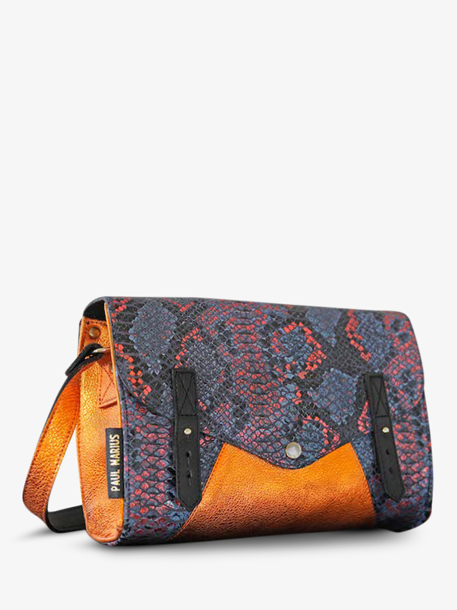 Foto-Seitenansicht-Umhängetasche-Leder-Damen-blau-orange-lindispensable-python-abysse-orange-metallic-paul-marius-w08-p-ab-mco