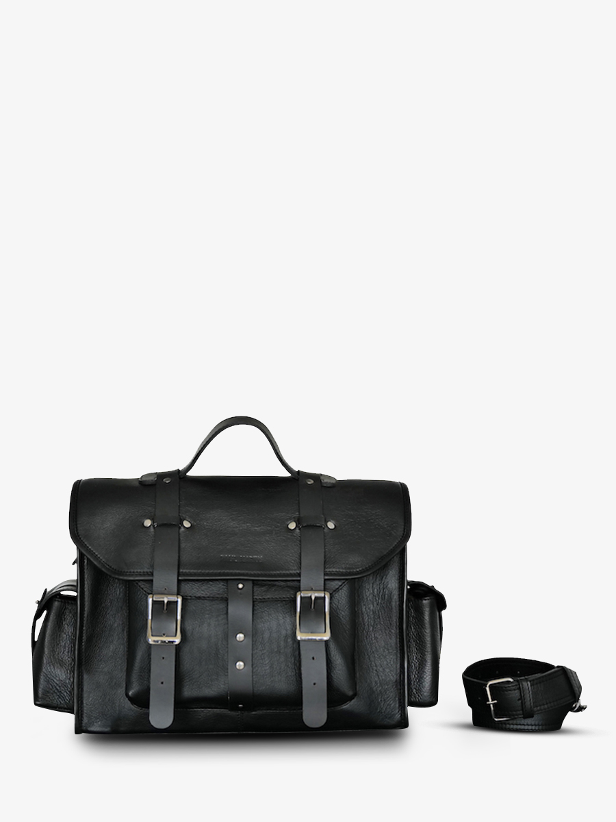 Foto-Vorderansicht-Motorradtasche-aus-schwarzem-Leder-LeNomade-M-schwarz-geölt-Paul-Marius-M100M-obl