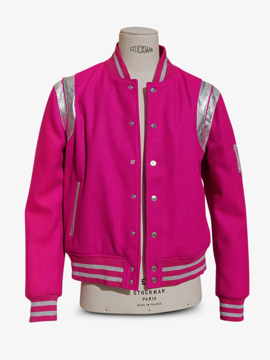 Foto-Vorderansicht-Teddy-Jacke-aus-Leder-und-Stoff-Leteddy-50er-Jahre-Fuchsia-Paul-Marius-Tdy-Fifties-Pi-L